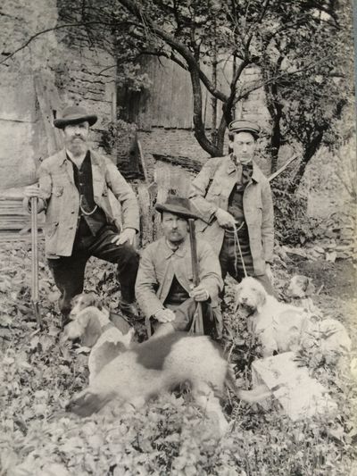 Départ pour la chasse en 1907 à Landresse : Jules Duboz, Charles Boiteux et Louis Pergaud