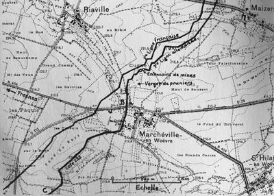 Carte de la région de Marchéville-en-Woëvre et de la zone où Louis Pergaud disparut