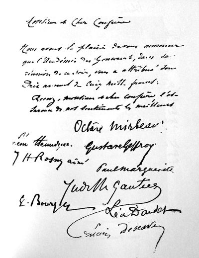 Courrier officiel des Académiciens Goncourt attribuant le prix 1910 à Louis Pergaud
